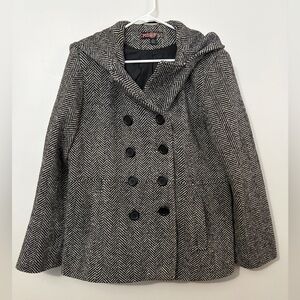 Y2K Vintage Mudd Black & White Herringbone Double-Breasted Peacoat with Hood